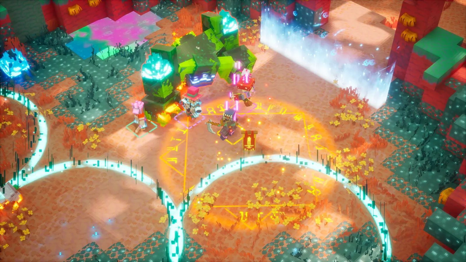 Four heroes fight a huge green moss-covered golem boss inside a glowing golden rune circle