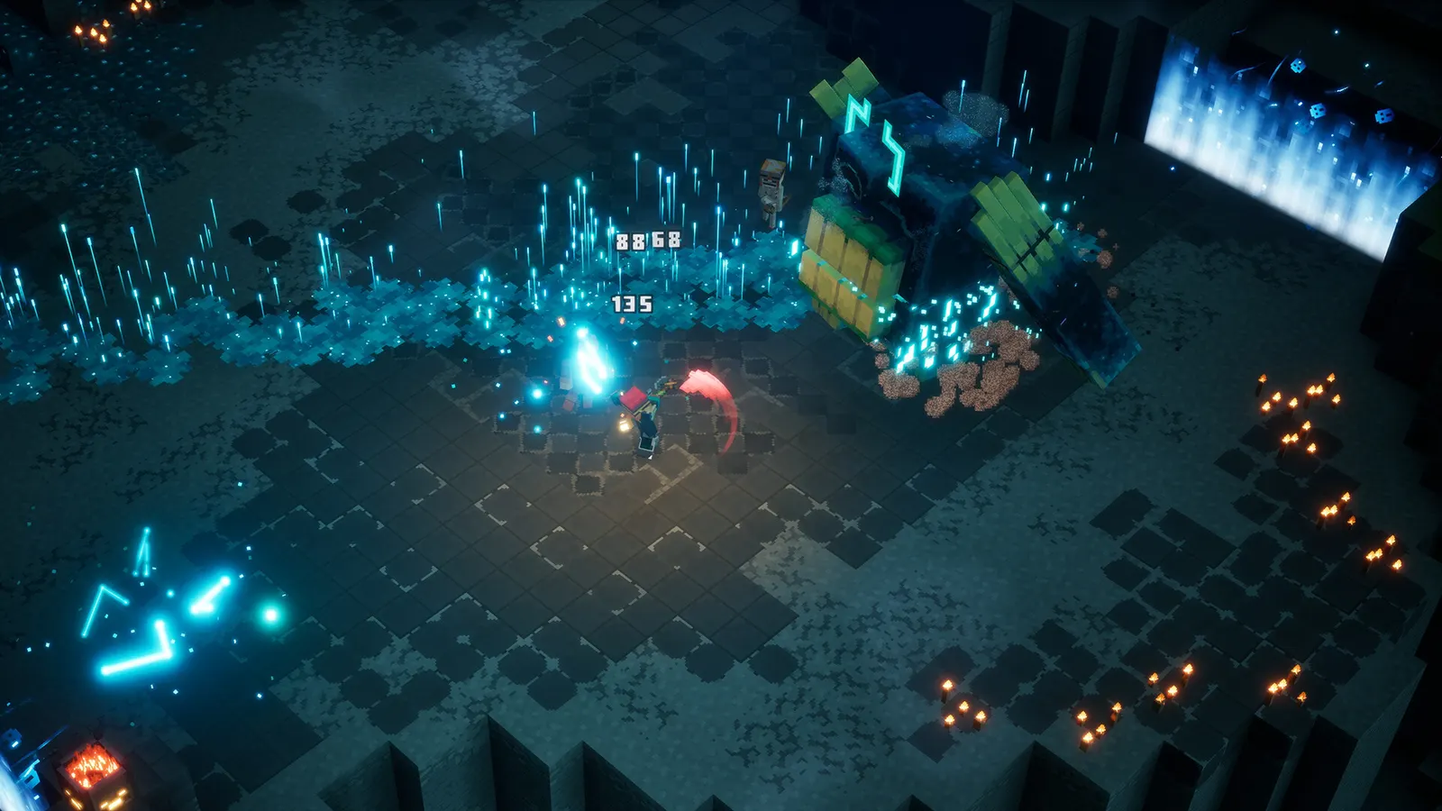 A hero hits an armoured mob in a dark tiled dungeon room, with damage numbers and blue lightning effects