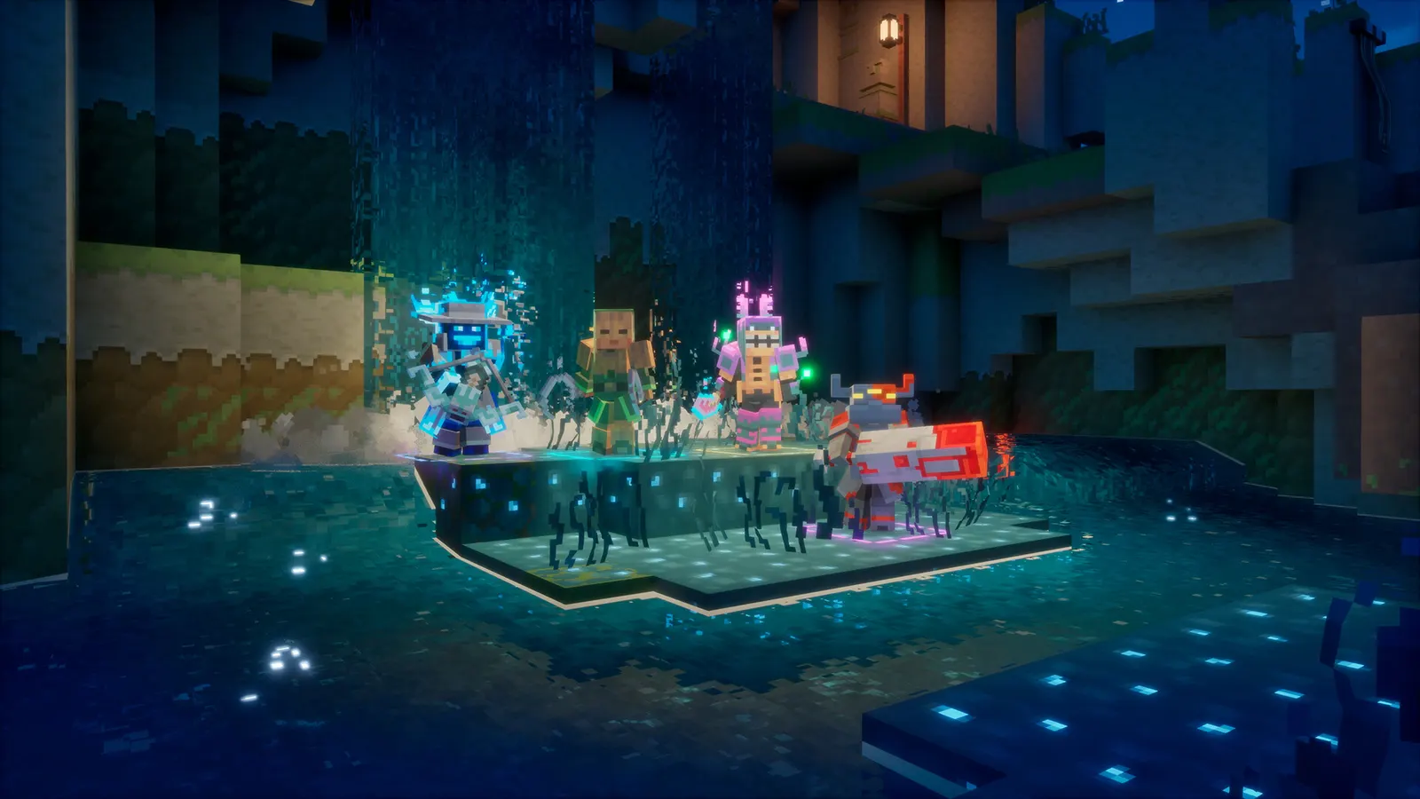 Four differently equipped heroes stand on a stone platform in a glowing blue cave pool
