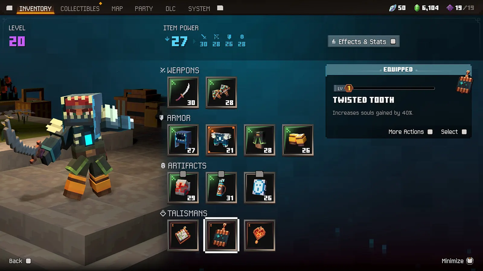 Inventory screen showing weapons, armor, artifacts and talismans with item power 27 for a level 20 hero