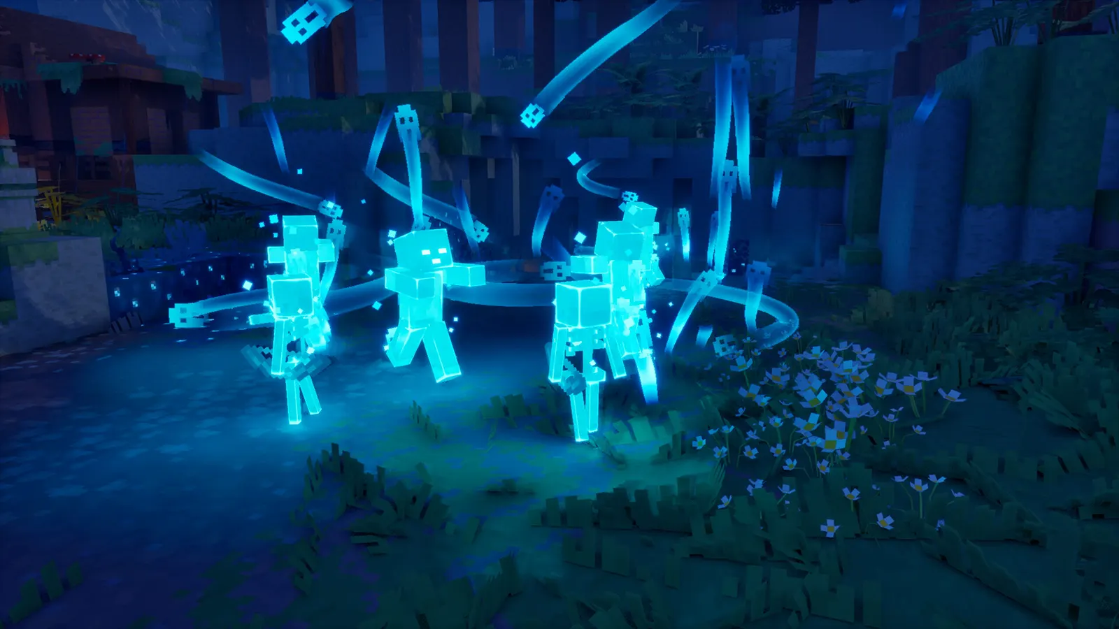 Glowing blue spectral skeleton and zombie spirits circle a forest clearing in Minecraft Dungeons II