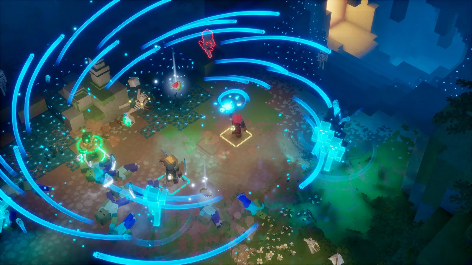A hero at the centre of swirling blue soul-storm streaks while zombies fall and spirit allies attack