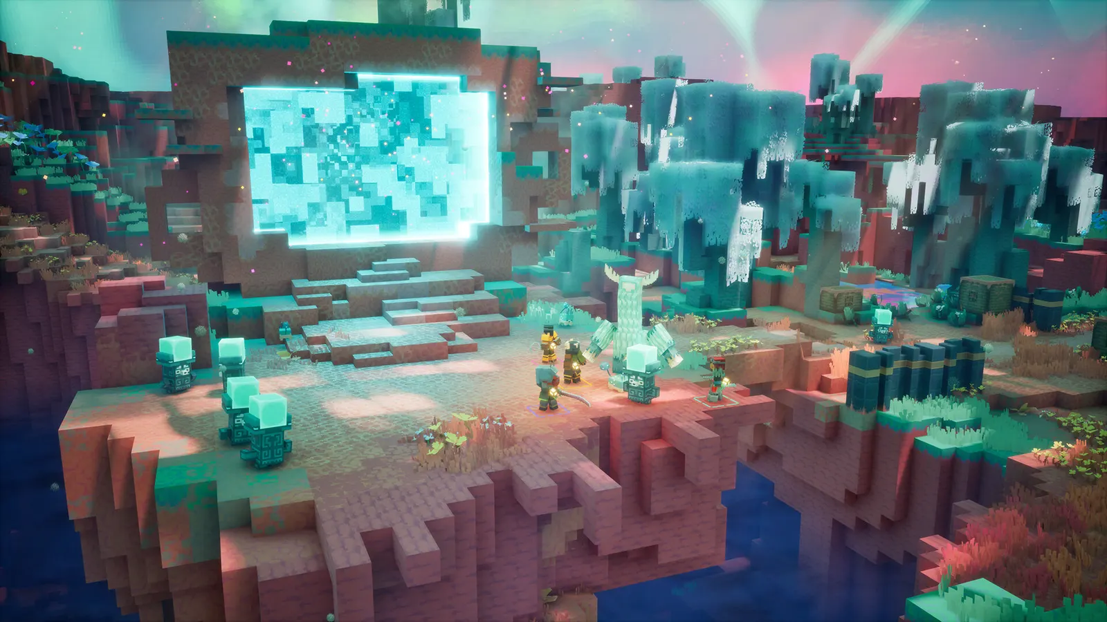 A party of heroes on a cliff overlooking a giant glowing cyan portal and teal-leaf trees in a pink-sky biome